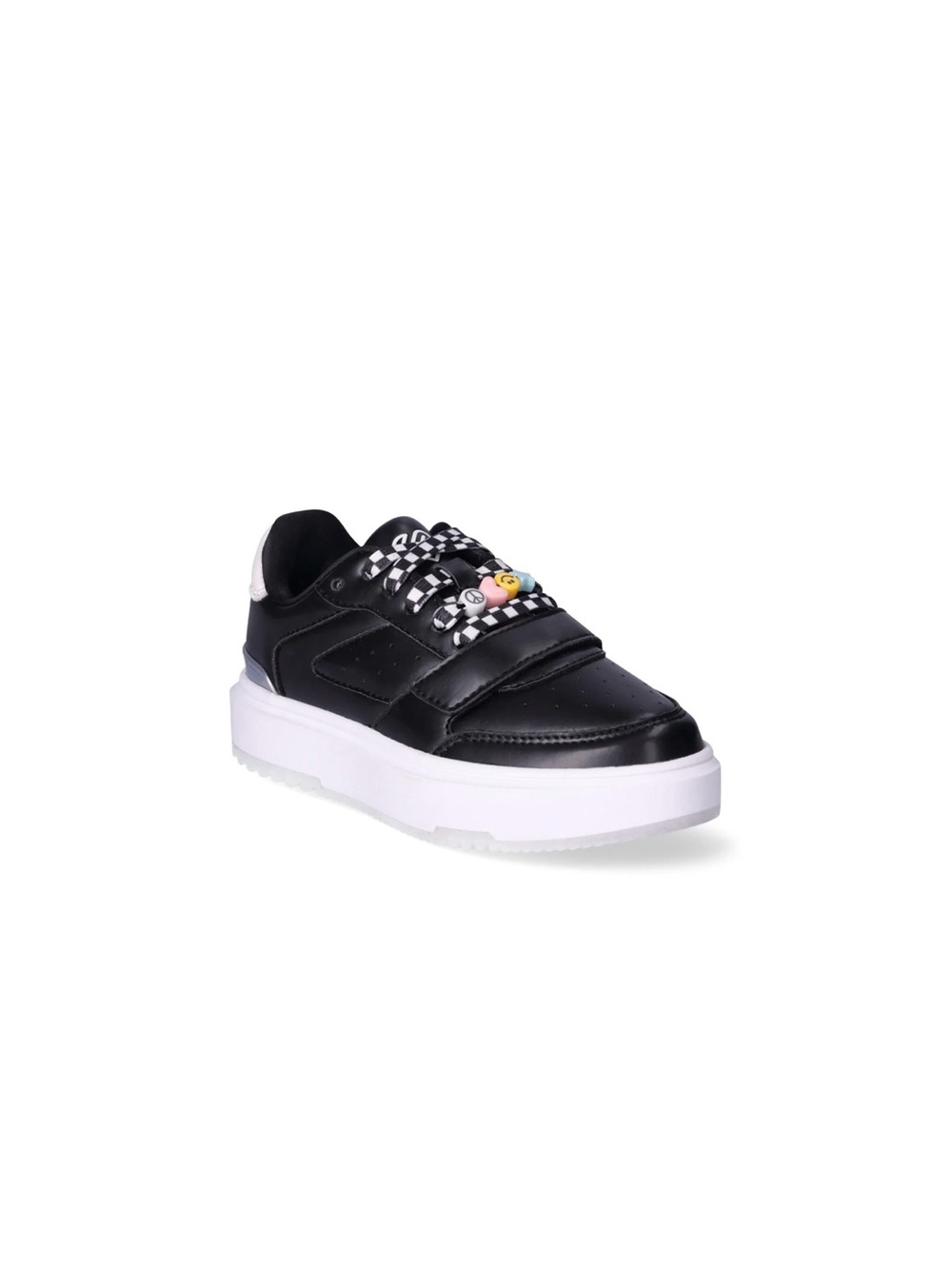 Justice Black Platform Sneakers with Checkerboard Laces and Colorful Charm